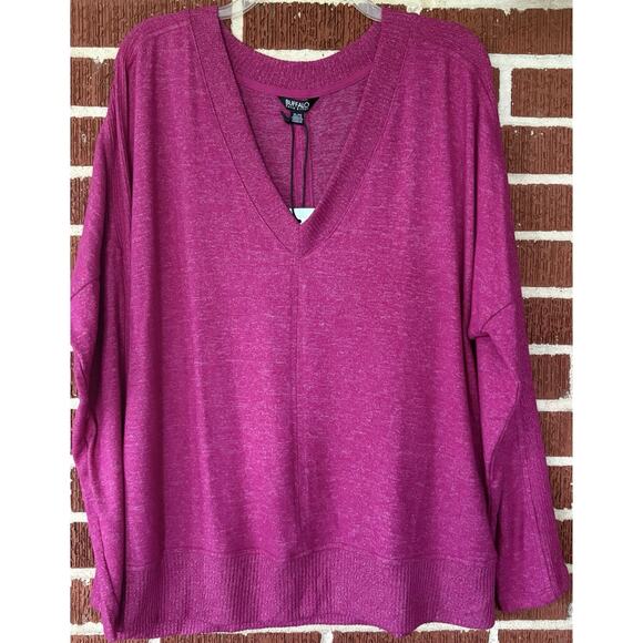 NEW Buffalo David Bitton Soft Cozy V-Neck Long Sleeve Raspberry Mix Top Size XL - Picture 1 of 4